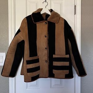 Cawley Studio Suede Stripe Avis black tan shearling jacket XS